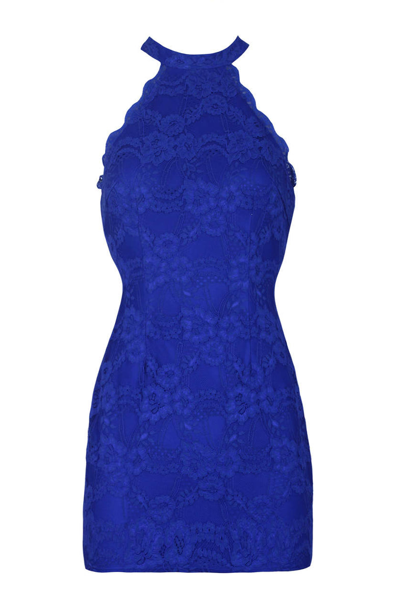 Blue Halter Lace Mini Dress