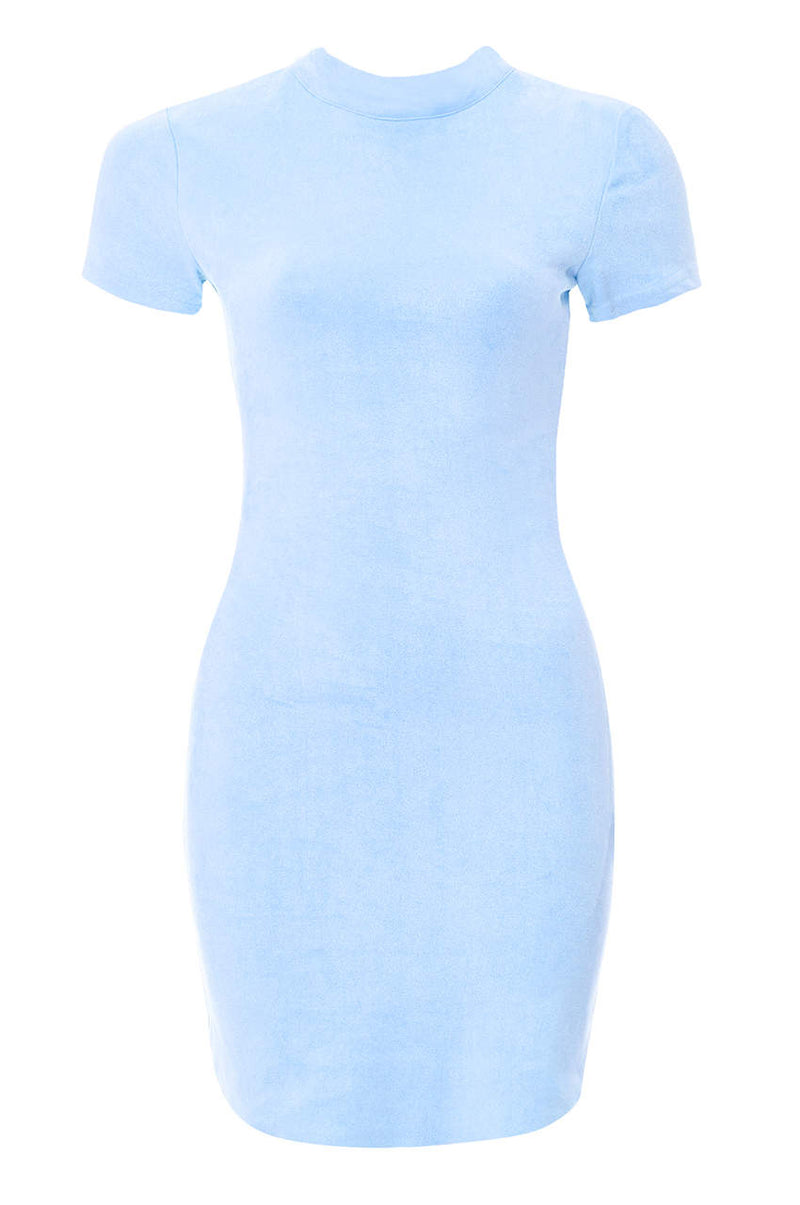 Blue Faux Suede Mini Dress With High Neck