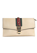 Beige Gold Chain Detailing With Green And Red Striped Panel Bag