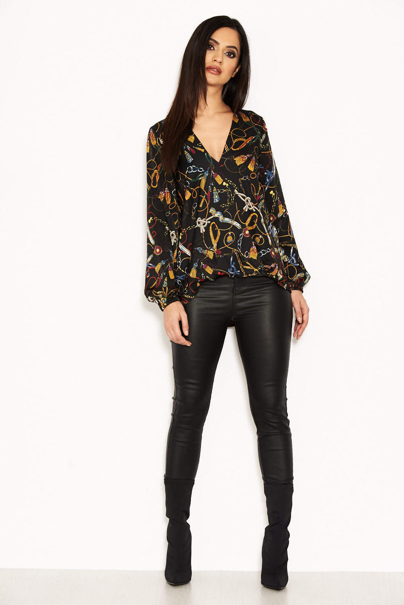 Black Chain Print Wrap Top