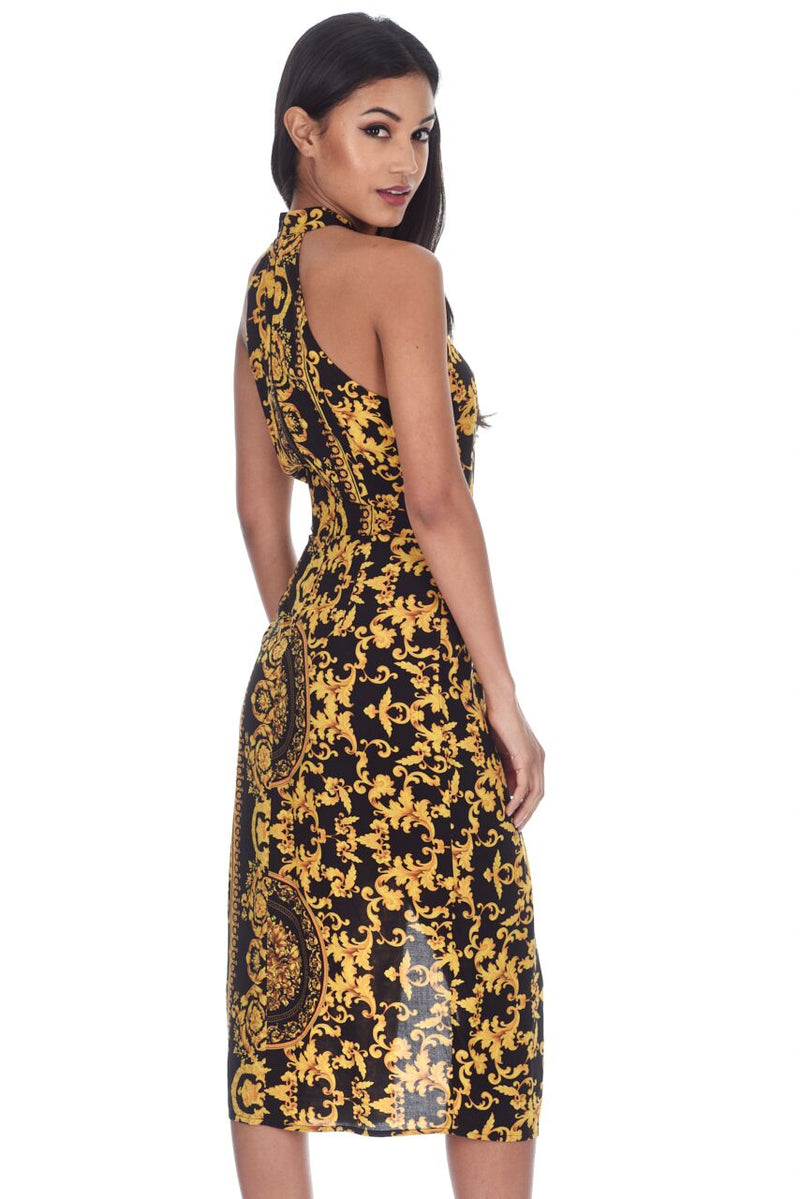 Black And Gold Patterned Midi dress