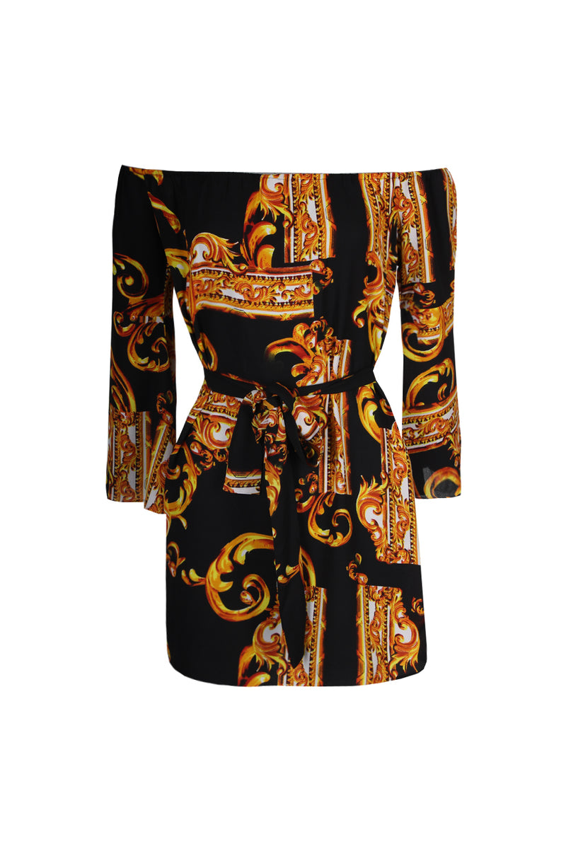 Black And Gold Patterned Off The Shoulder Shift Dress AX Paris Black And Gold Patterned Off The Shoulder Shift Dress AX Paris
