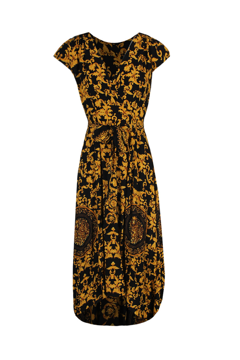 Black And Gold Patterned Wrap Over V Neck Dress AX Paris Black And Gold Patterned Wrap Over V Neck Dress AX Paris