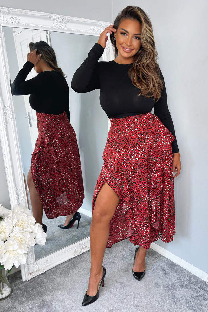 Black And Red 2 in 1 Animal Printed skirt Midi Dress