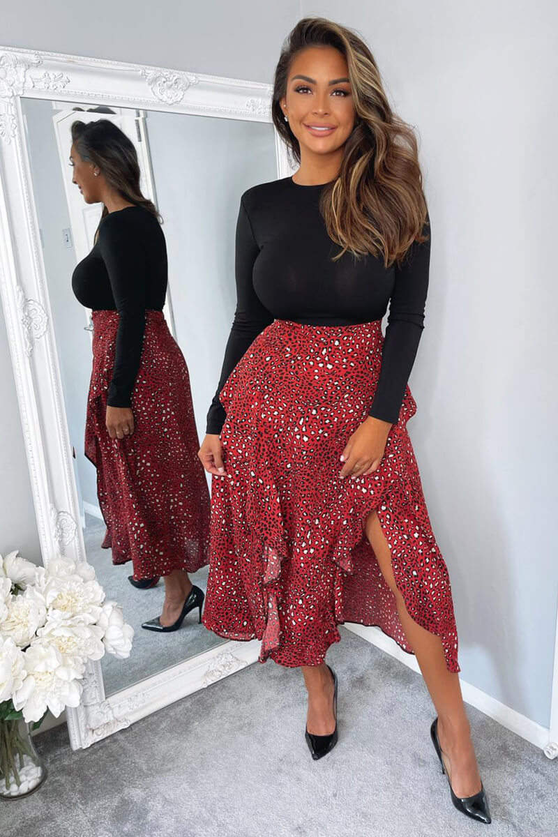 Black And Red 2 in 1 Animal Printed skirt Midi Dress