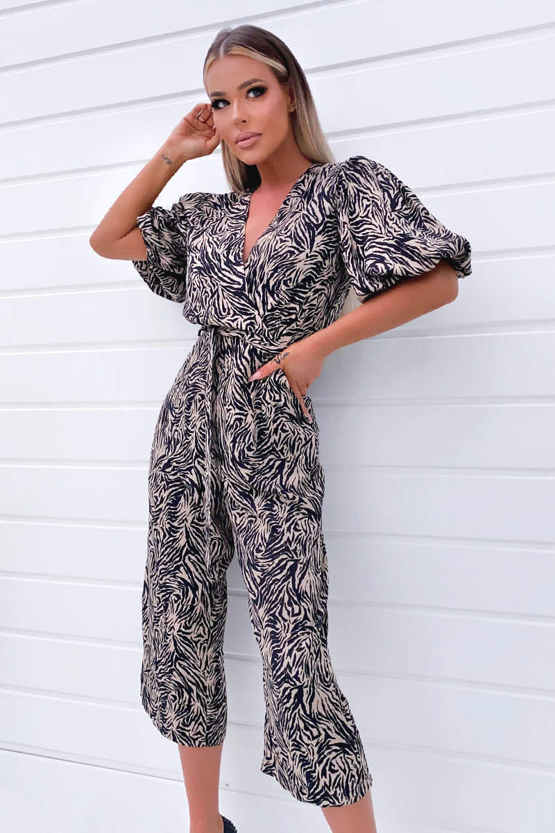 Black Animal Printed Wrap Tie Waist Jumpsuit