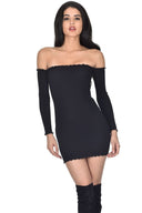 Black Bardot Ruffle Detail Knit Dress