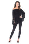 Black Bardot Top with Crochet Sleeves