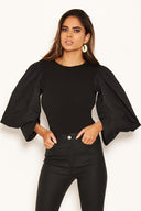 Black Batwing Puff Sleeve Bodysuit