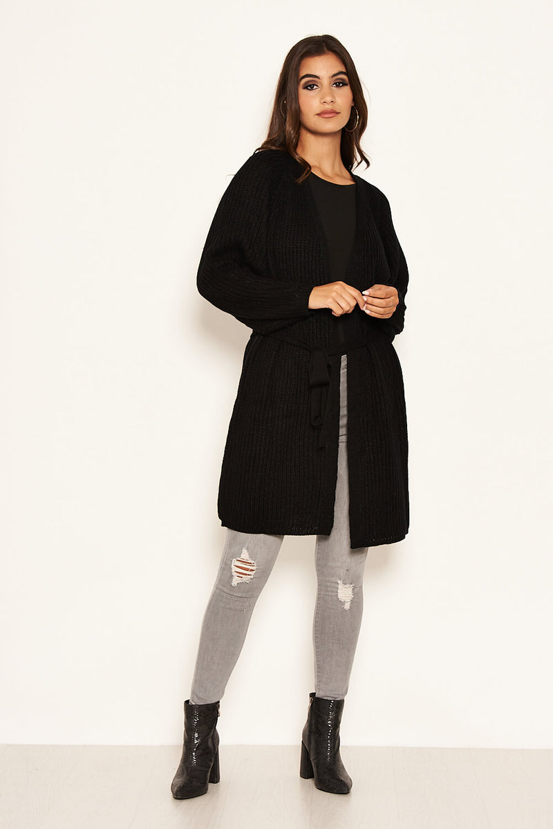 Black Belted Batwing Knit Cardigan