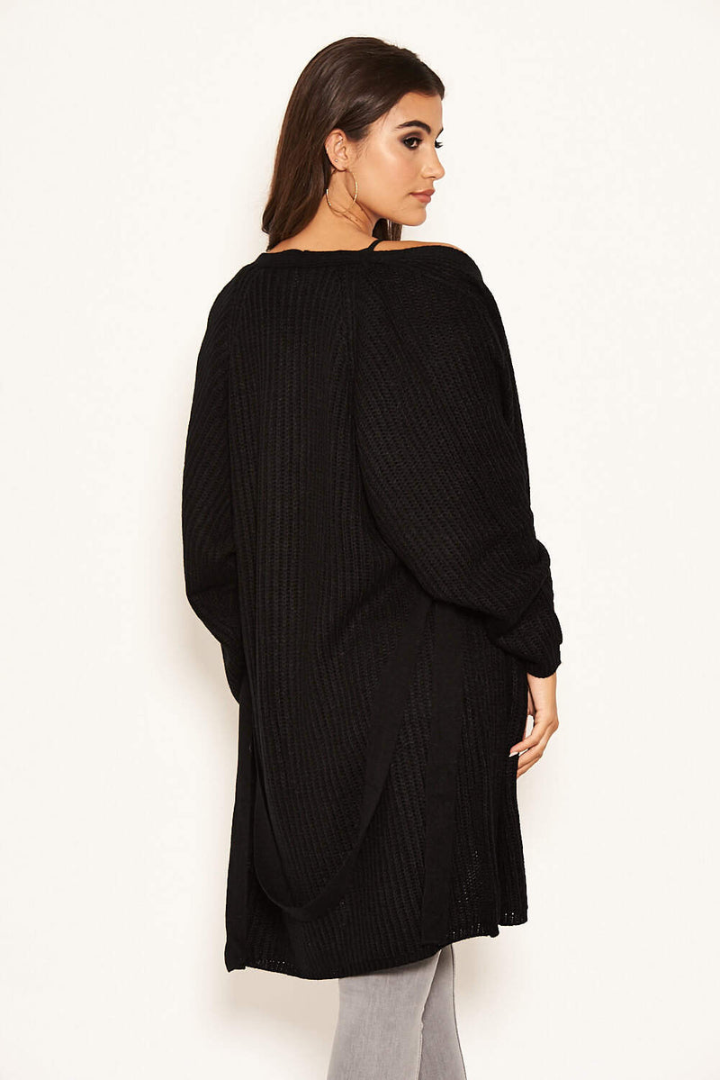 Black Belted Batwing Knit Cardigan