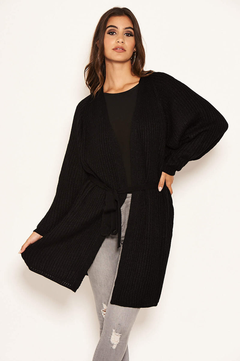 Black Belted Batwing Knit Cardigan