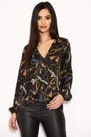 Black Chain Print Wrap Top