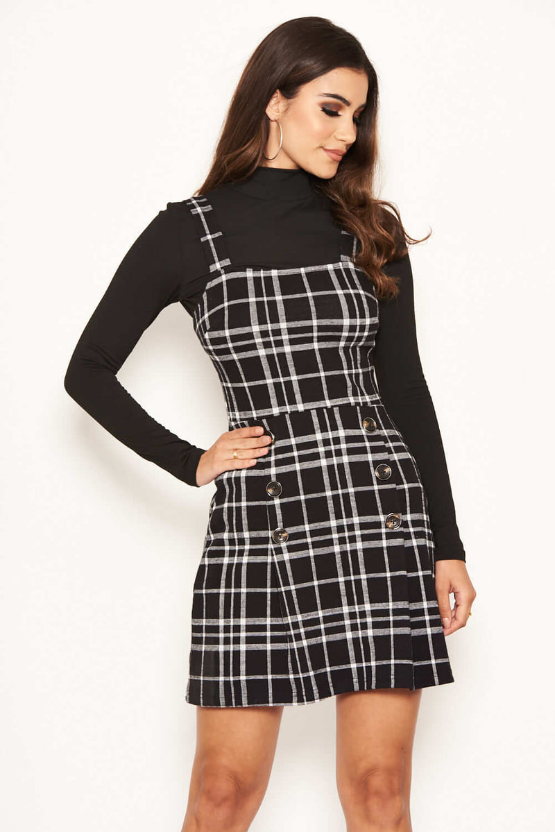 Black Check Button Front Detail Skater Dress