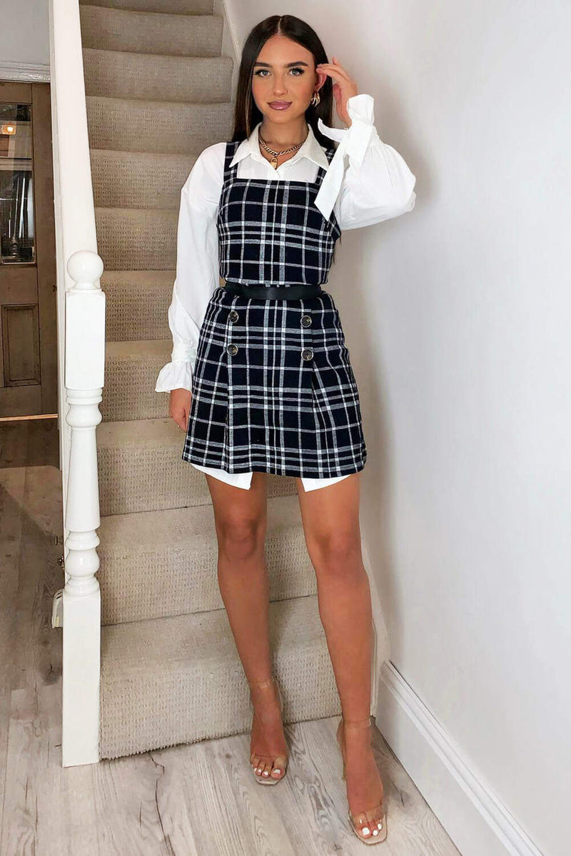 Black Check Button Front Detail Skater Dress