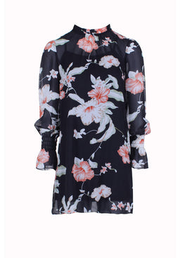 Black Chiffon Printed Dress With Elasticated Bell Sleeves