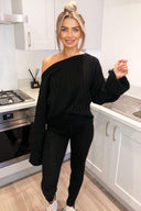 Black Chunky Knit Slash Neck Lounge Set