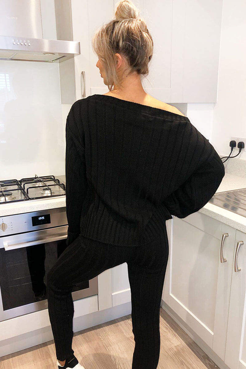 Black Chunky Knit Slash Neck Lounge Set