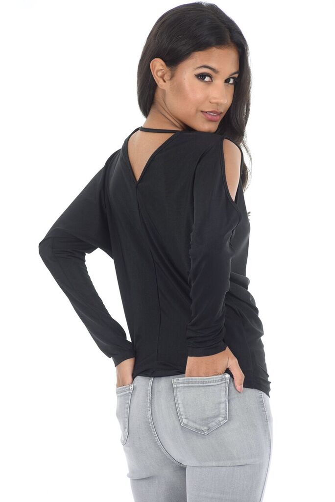 Black Cold Shoulder Top With Split Sleeve