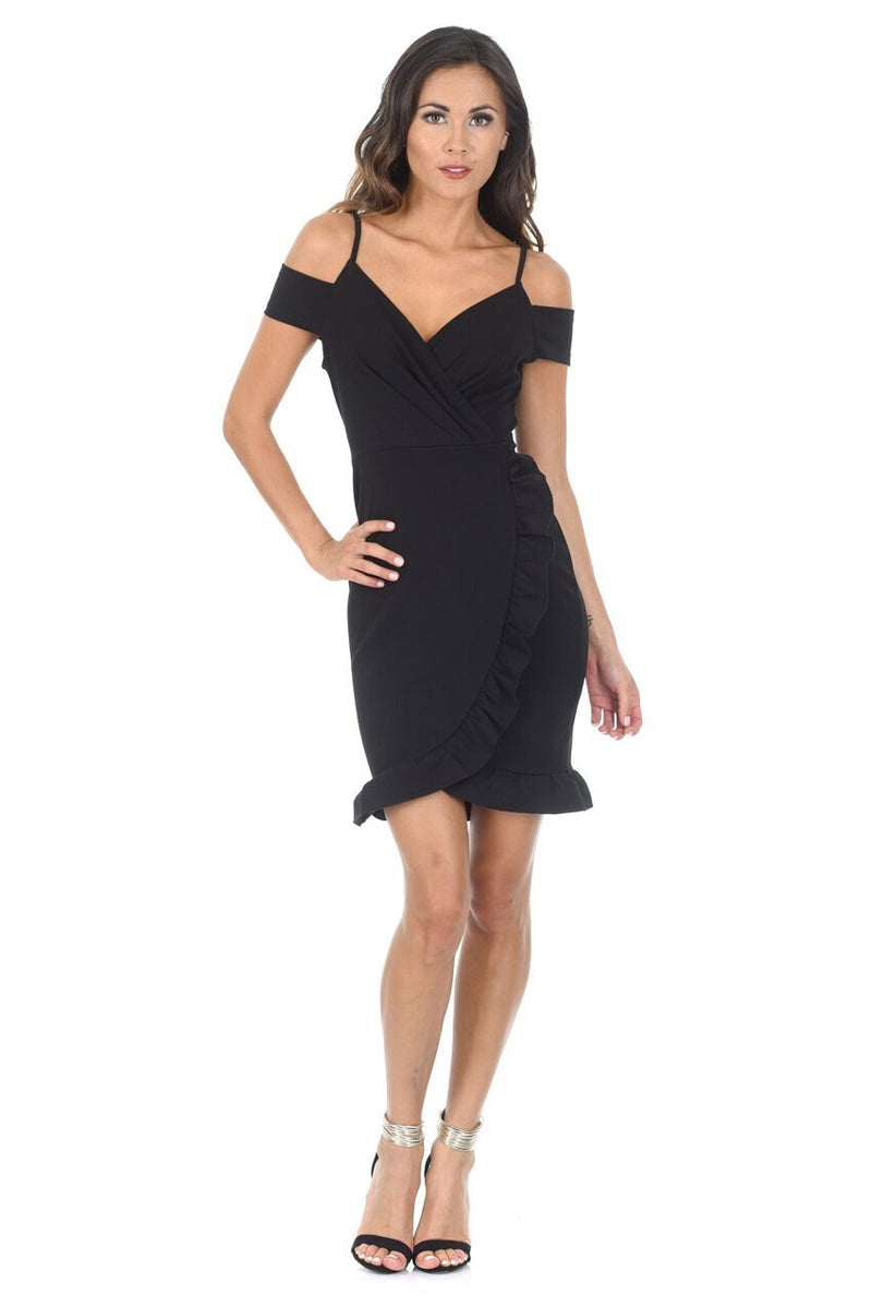 Black Cold Shoulder Wrap Mini Dress