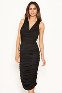 Black Cowl Neck Ruched Side Bodycon Midi Dress