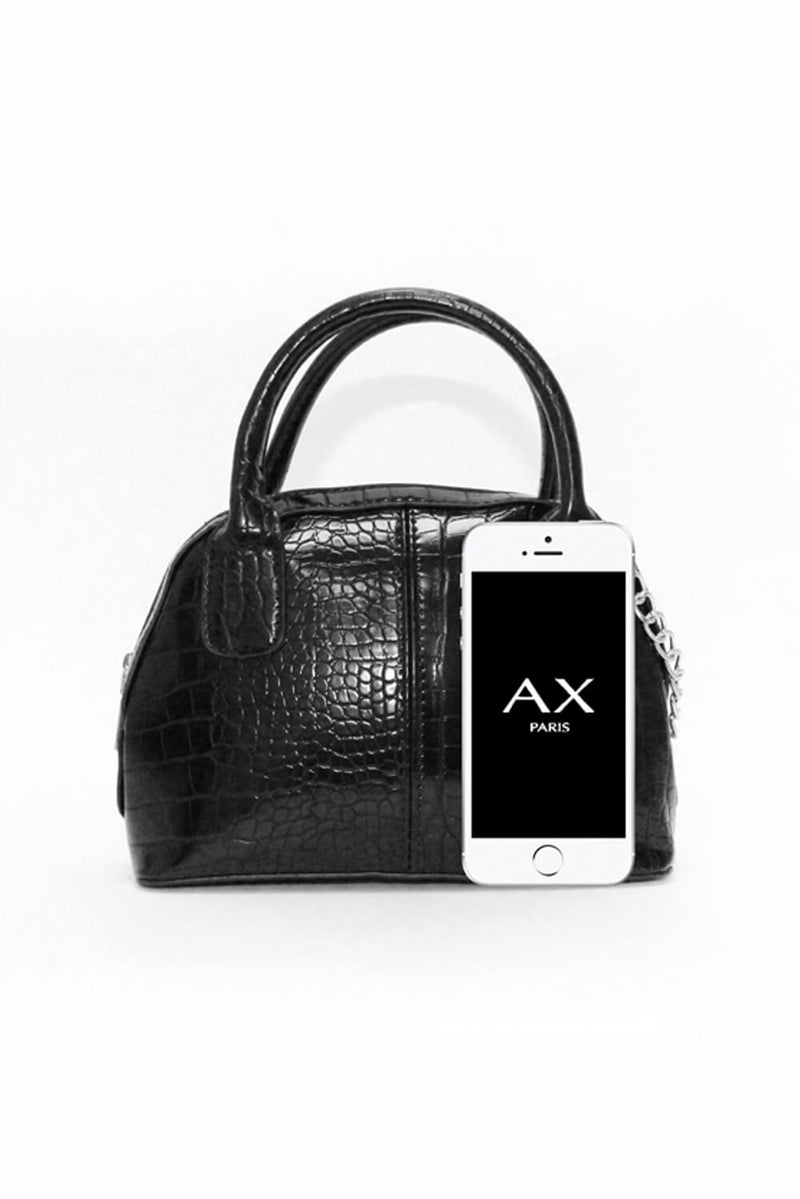 Black Croc Mini Bag With Silver Chain Strap