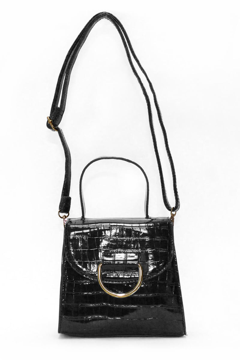 Black Croc Mini Patent Bag With Gold Ring