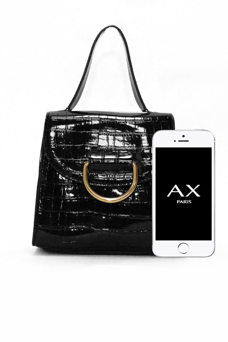 Black Croc Mini Patent Bag With Gold Ring