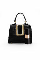 Black Croc Mini Handbag With Gold Buckle