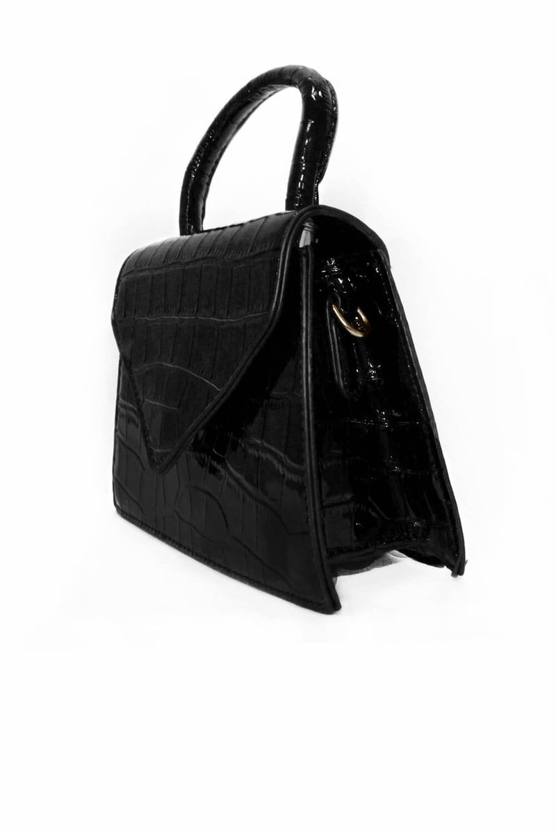 Black Croc Patent Bag With Thick Strap