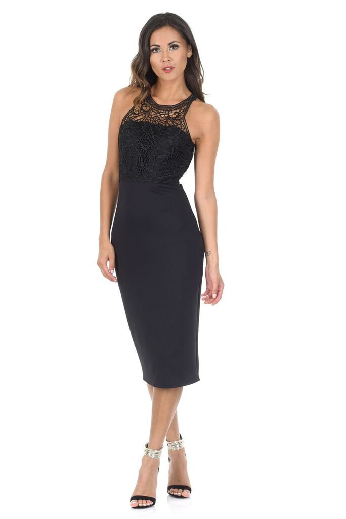 black lace crochet high neck midi dress FLORERE black Lace crochet Detail Cotton Midi Dress Florere