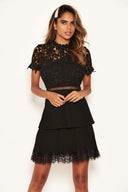 Black Crochet Pleated Tiered Dress