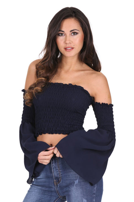 Navy Crop Flare Sleeve Top