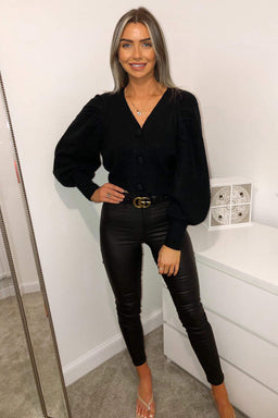 Black Cropped Button Up Cardigan