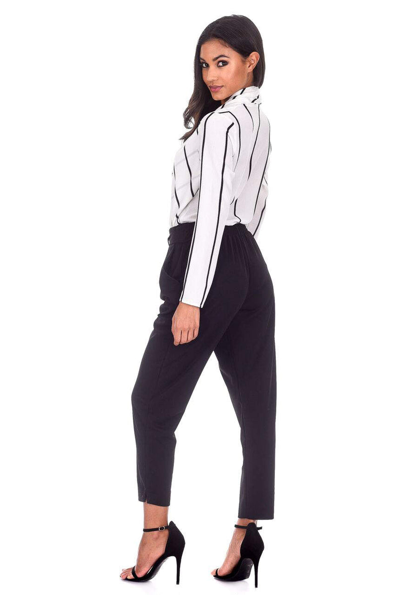 Black Cropped Tie Belt Trousers