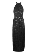 Black Cut In Neck Sequin Maxi Dress