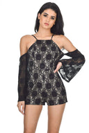 Black Cut Out Shoulder Lace Contrast Playsuit