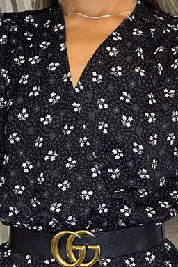 Black Ditsy Floral Wrap Over Jumpsuit