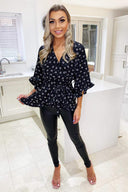 Black Ditsy Floral and Spot Wrap Top