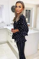Black Ditsy Floral and Spot Wrap Top
