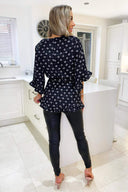 Black Ditsy Floral and Spot Wrap Top