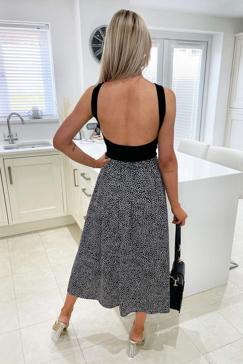 Black Dot Printed Wrap Midi Skirt