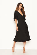 Black Midi Dress With Frill Hem And Sleeves