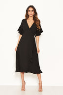 Black Midi Dress With Frill Hem And Sleeves