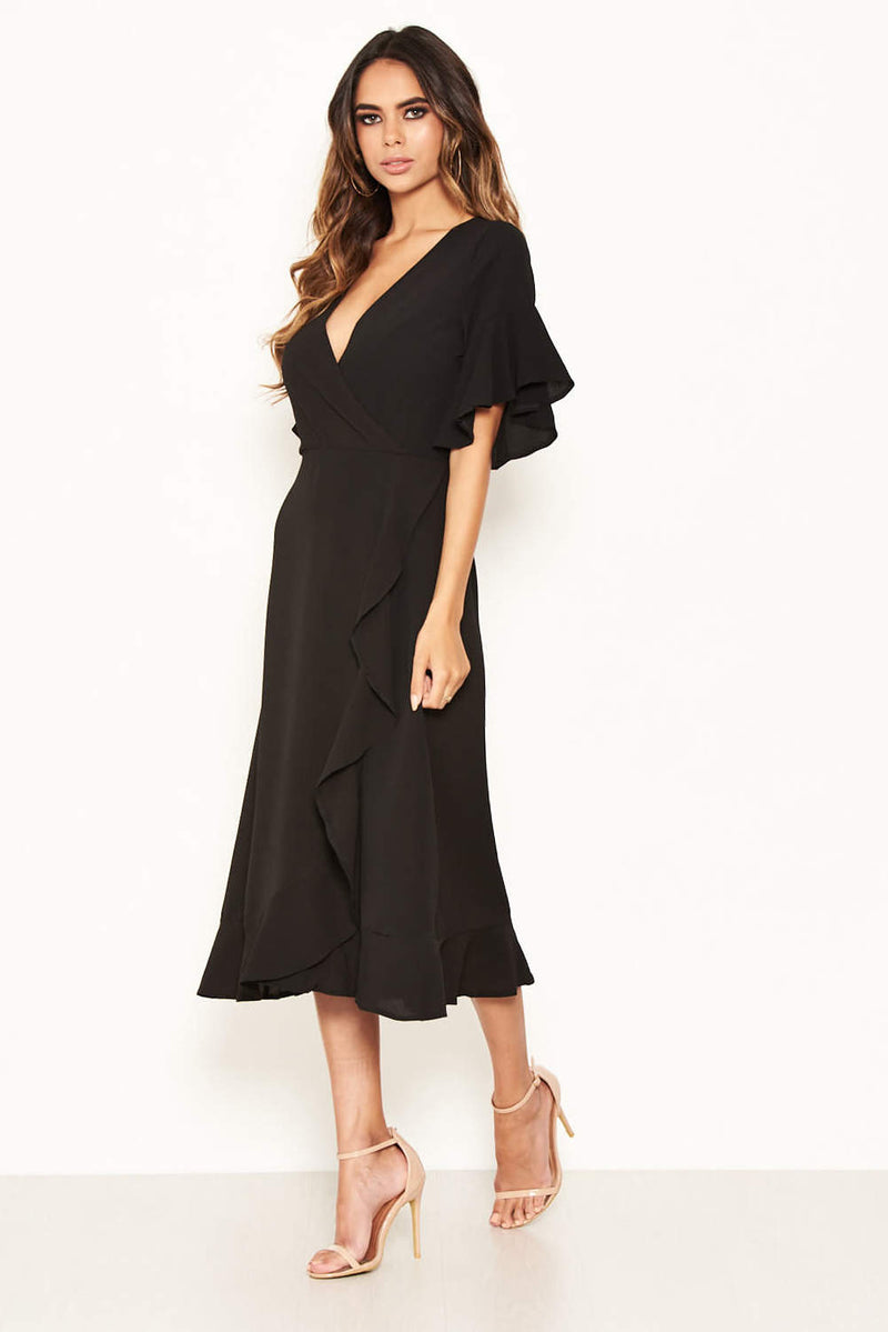 Black Midi Dress With Frill Hem And Sleeves