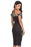 Black Embroidered Capped Sleeve Bodycon Dress