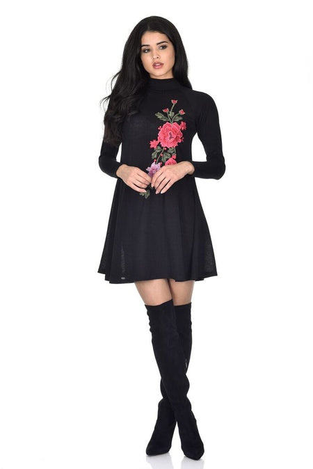 Black Embroidered Knitted Dress