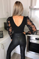 Black Embroidered Puff Sleeve Bodysuit