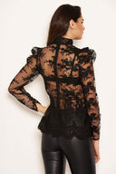 Black Embroidered Sheer Puff Sleeve Top