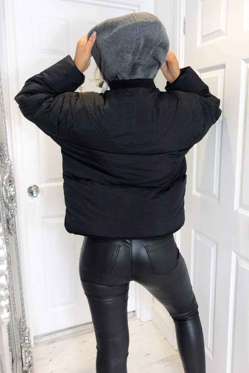 Black Fabric Hood Puffer Jacket